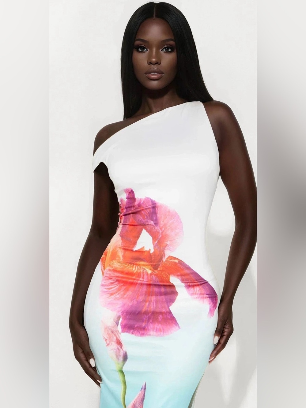 Fashion Nova White One-Shoulder Maxi Dress with Pink & Orange Floral Print - Picture 2 of 6